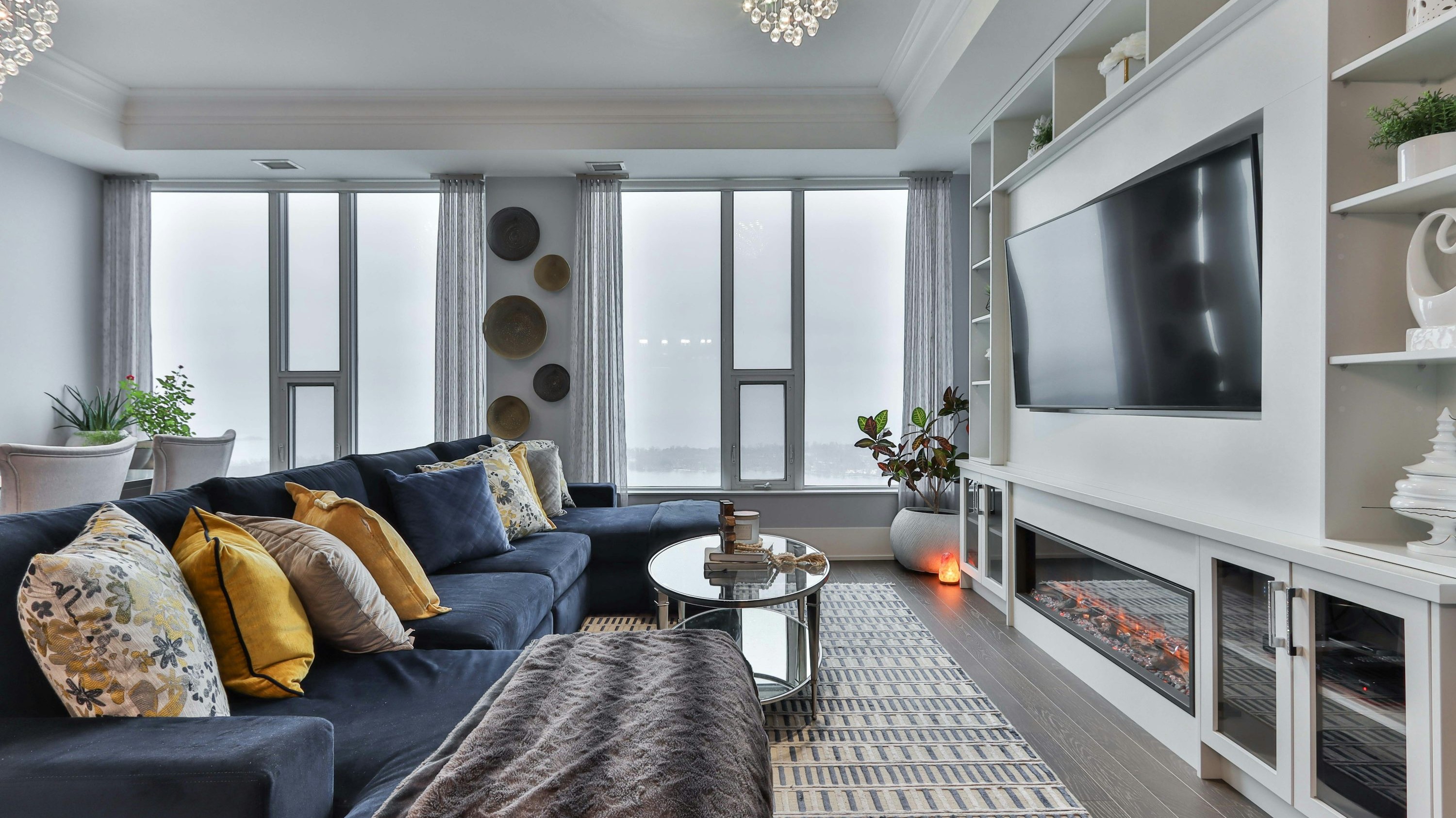 Dramatic luxury London interior with sophisticated moody lighting