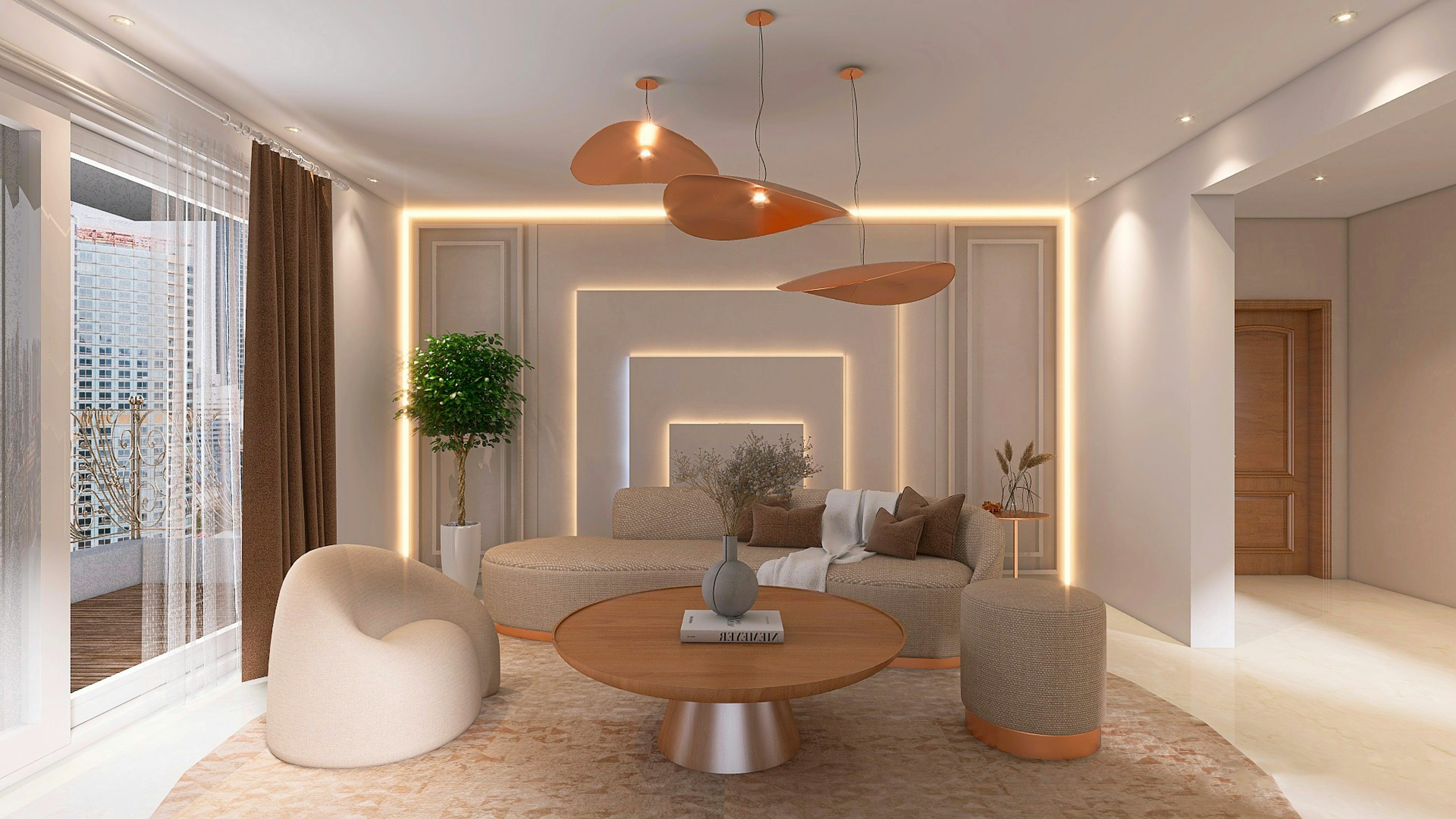 Luxury London apartment living room with elegant furnishings and warm golden lighting